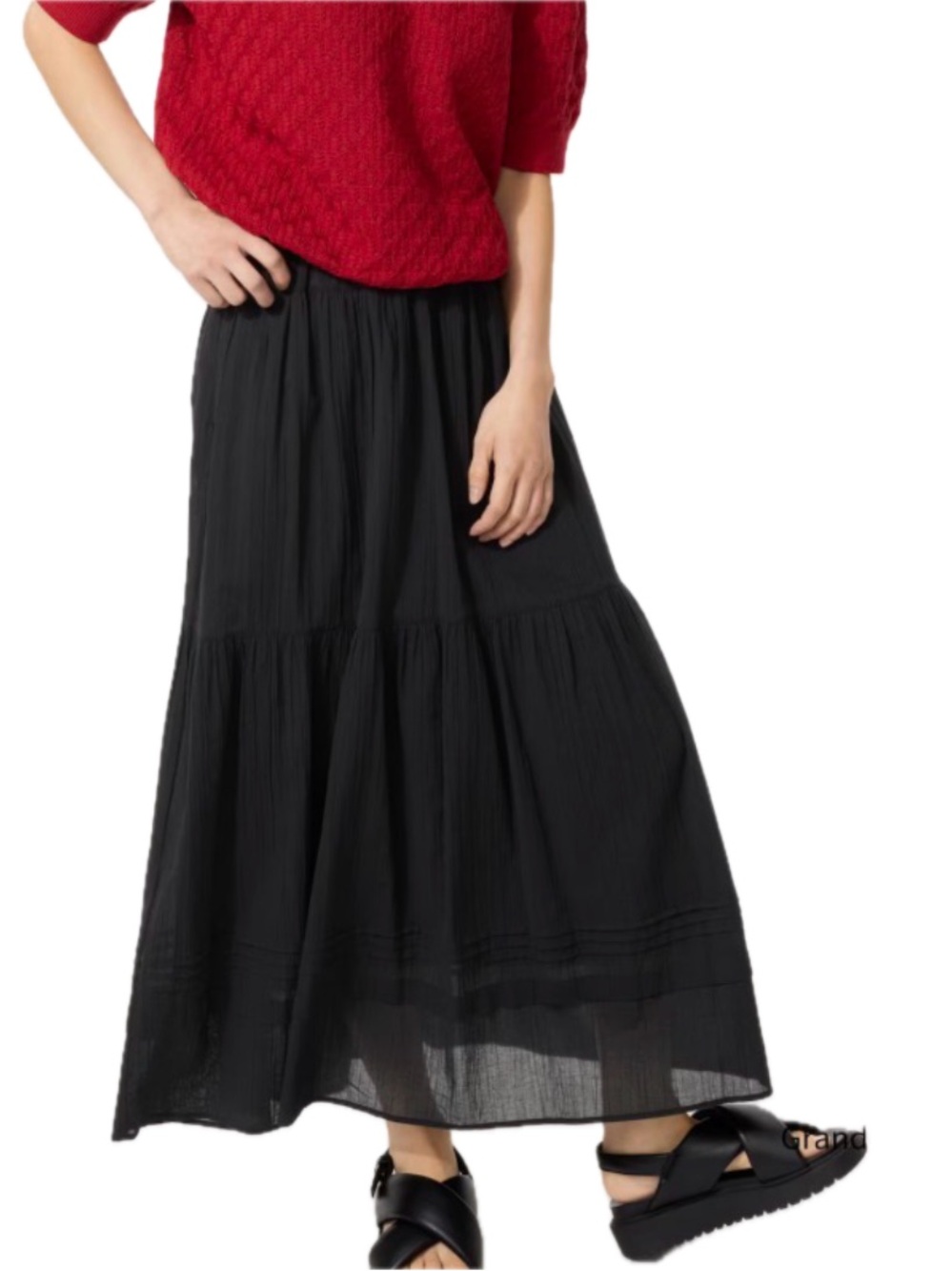 UNIQLO Tiered Maxi Skirt Large Black Elastic Waist 100% Cotton Crepe Pockets NWT
